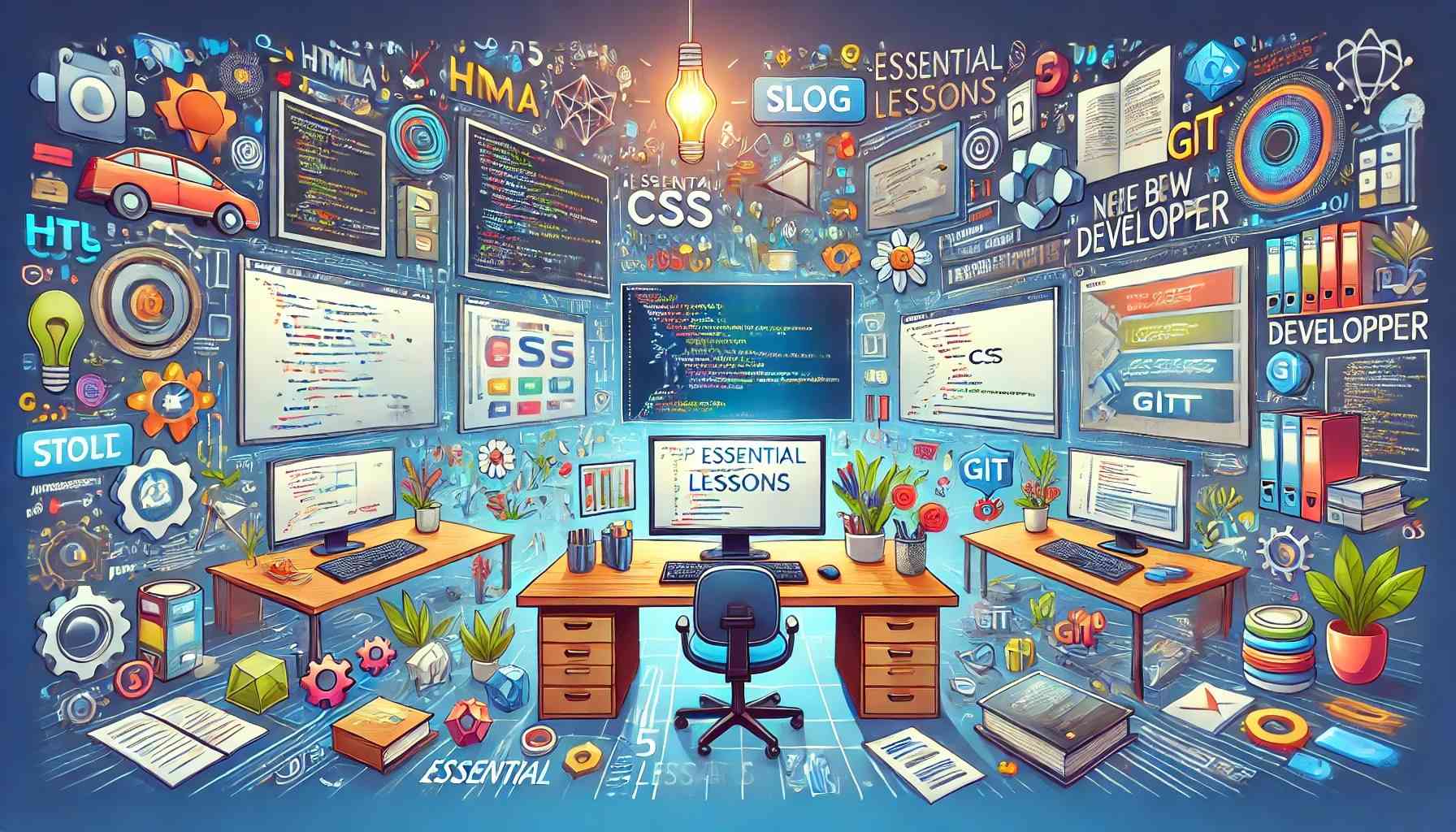 Modern web developer workspace with coding screens, HTML, CSS, JavaScript, and Git icons, representing essential skills for beginners.