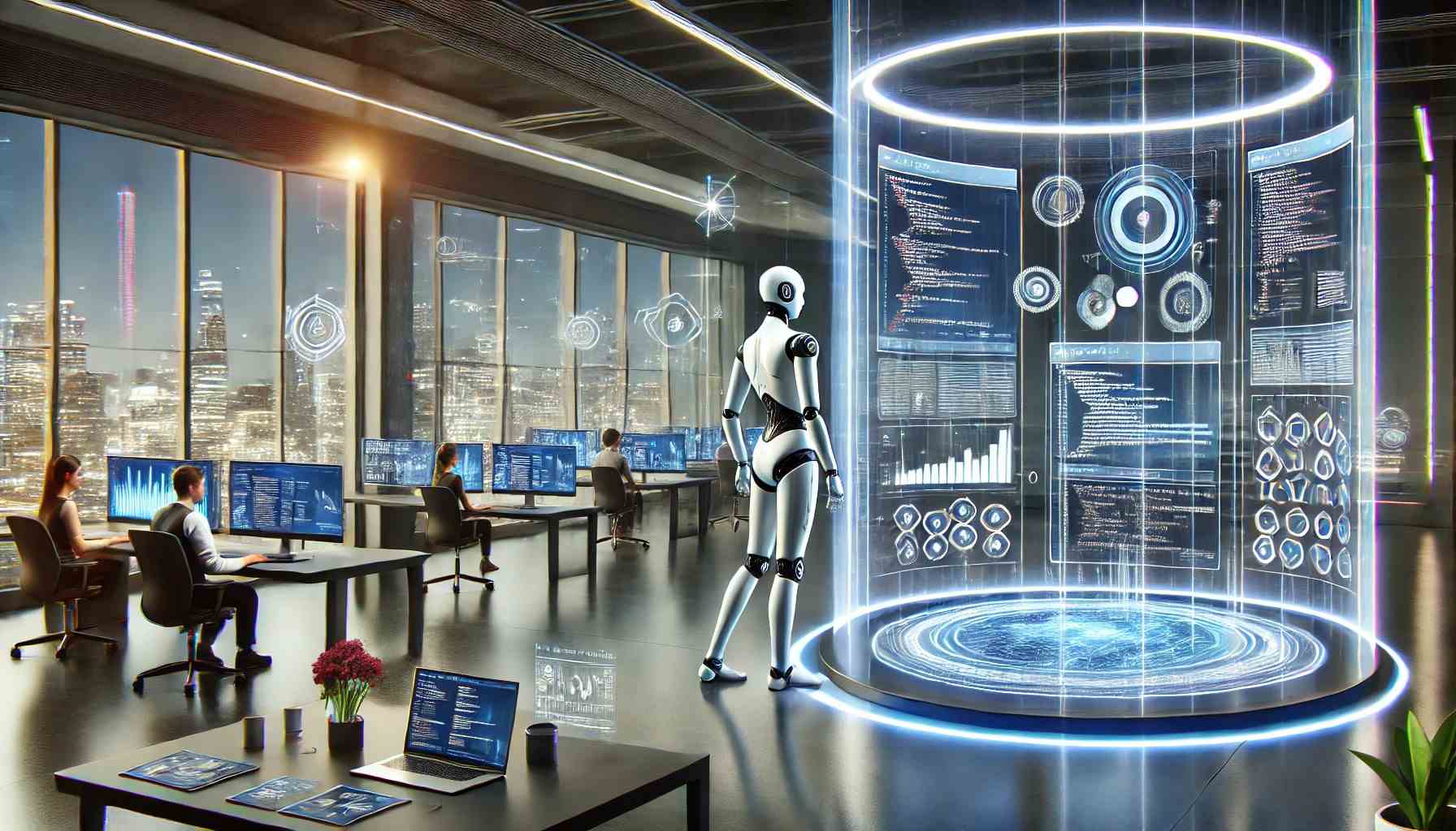 Artificial Intelligence in Web Development: A futuristic office with a robot and developers using AI-driven tools.