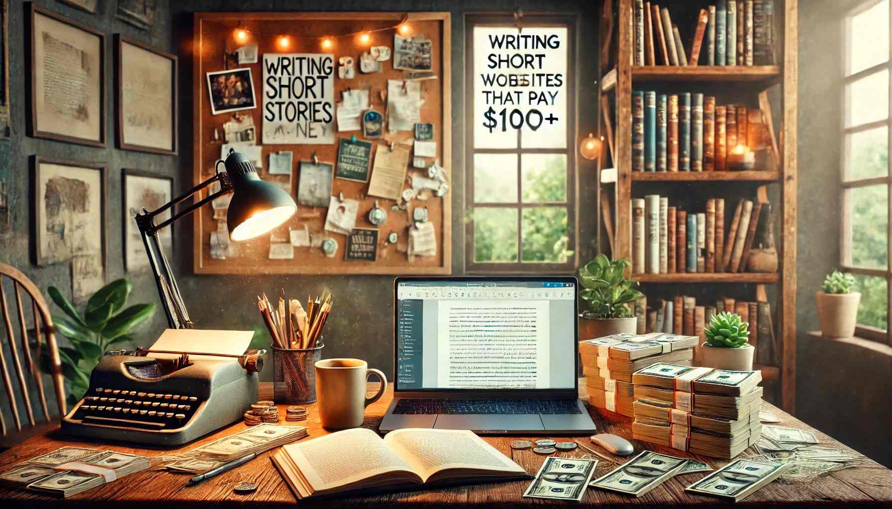 Writing Short Stories for Money: Creative desk setup with cash, a typewriter, and a laptop showcasing opportunities to earn $100+.