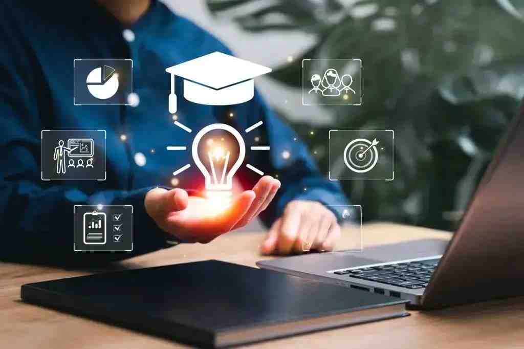 E-learning solutions represented by a person holding a glowing lightbulb with education and business icons, showcasing innovative online learning concepts.