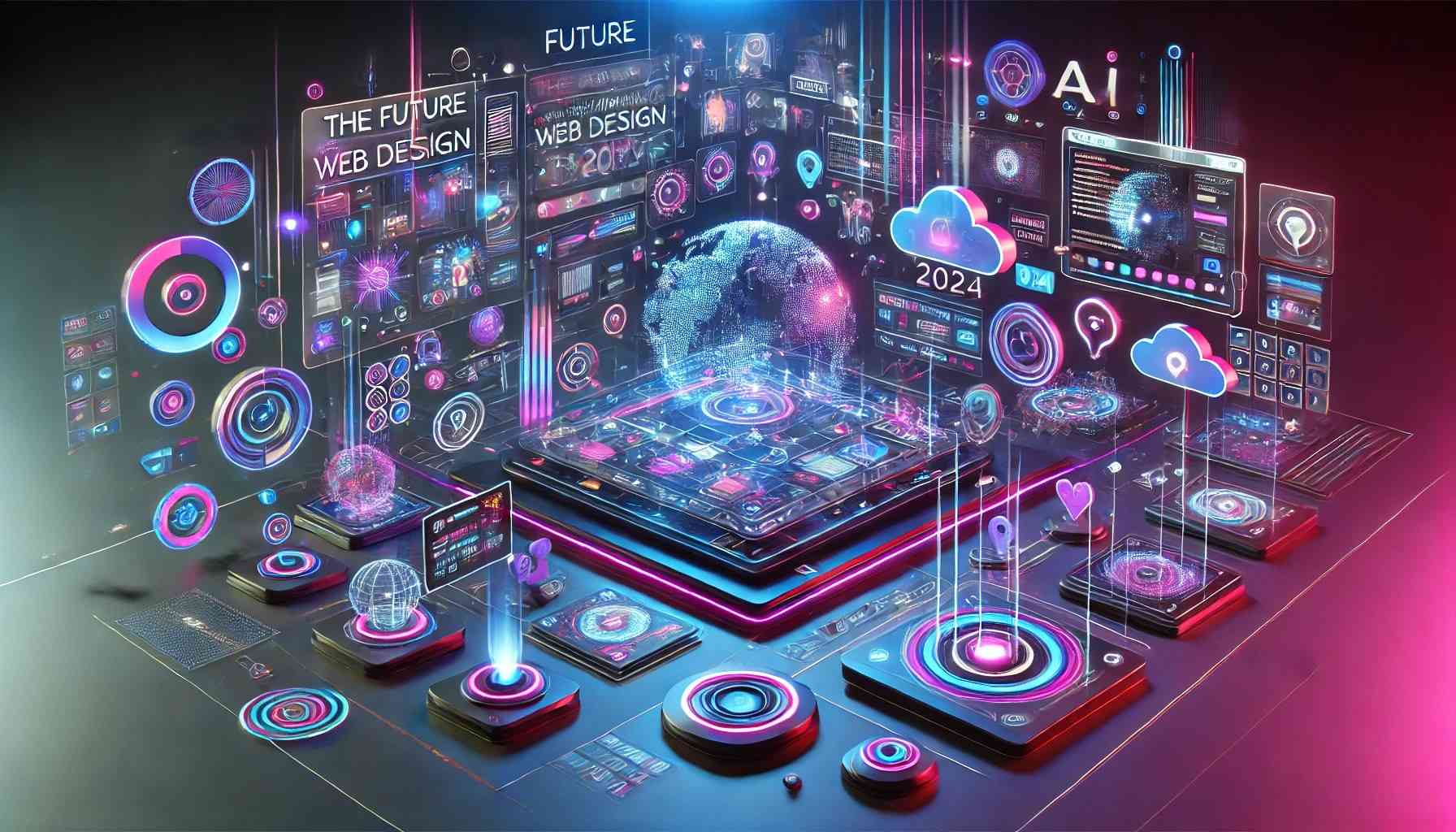 Futuristic digital visualization of Web Design Trends 2024, featuring AI, cloud elements, and immersive 3D interfaces representing the future of user experience.