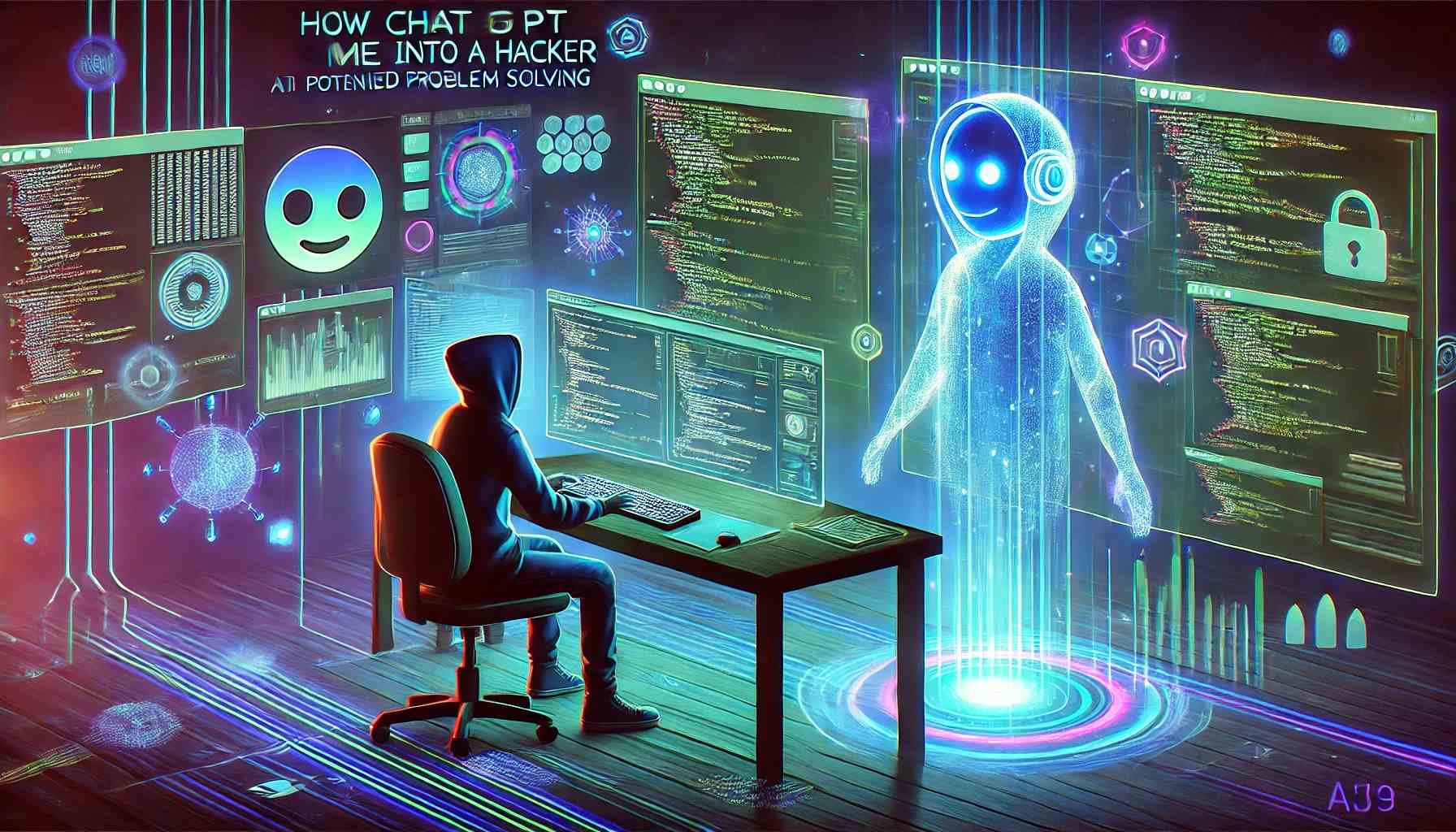 Illustration of a person interacting with a holographic AI, surrounded by code and futuristic screens, representing How ChatGPT turned me into a hacker.