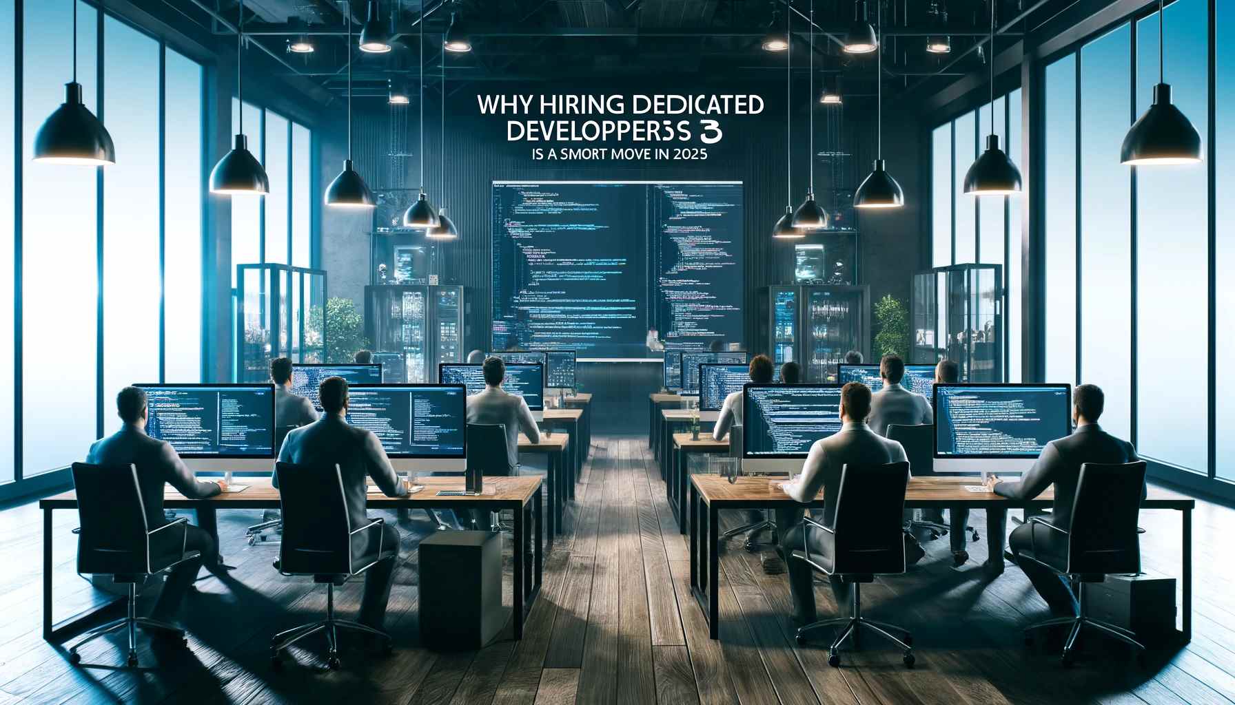 Modern office with dedicated developers working on coding projects, showcasing teamwork and technology. Hiring dedicated developers for business growth.