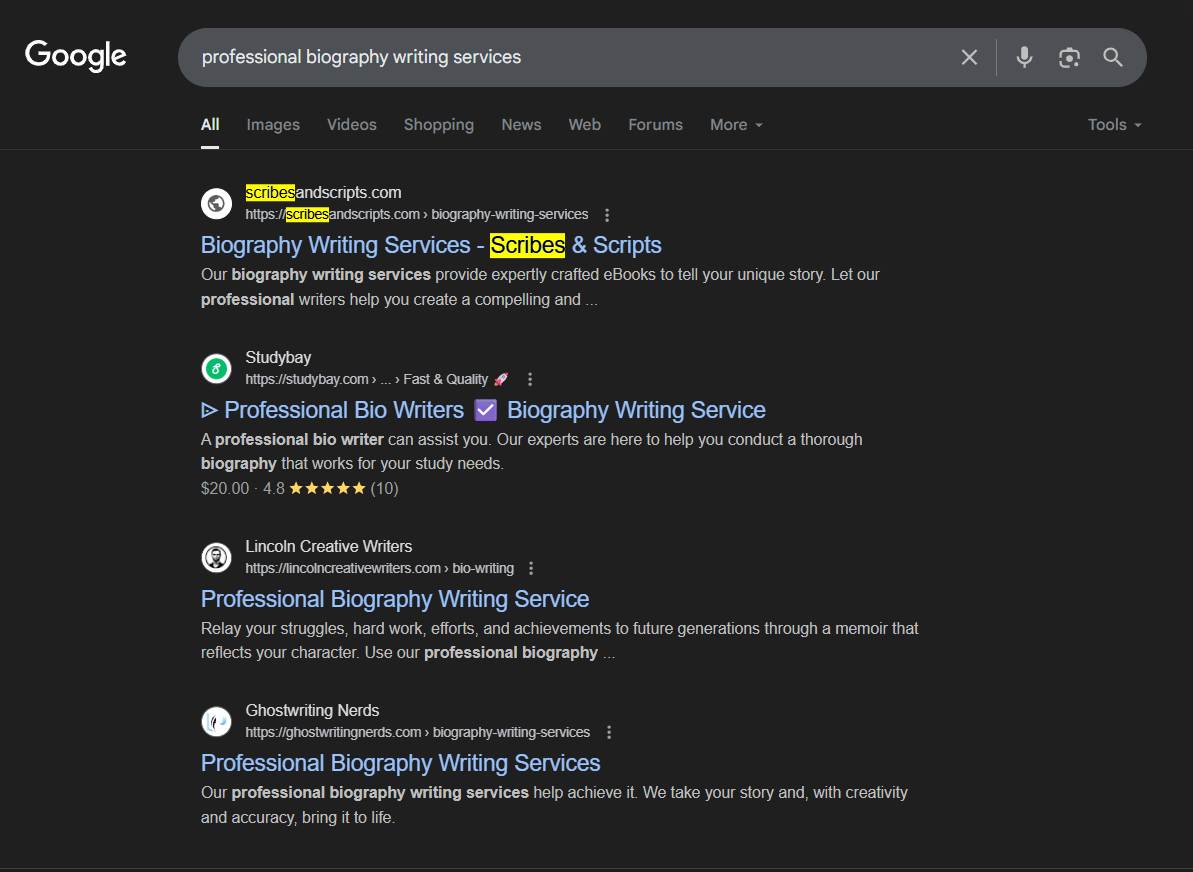 Organic SEO services case study highlighting Scribes & Scripts biography writing success with improved rankings and global visibility.